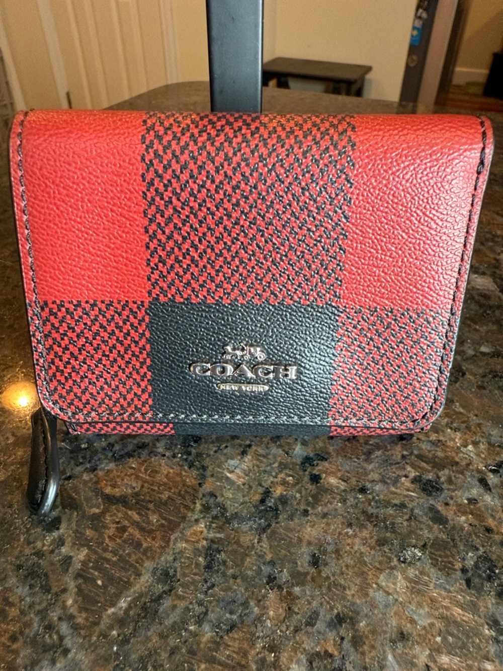 Coach Red and Black Checkered Leather Trifold Compact Wallet